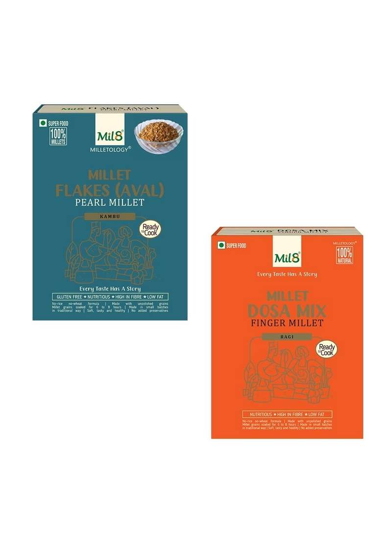 Mil8 Flakes (Aval) Pearl & Dosamix Finger Millet Combo (200Gram-300Gram) Nutritious, Delicious And Healthy Breakfast Solution - Indya