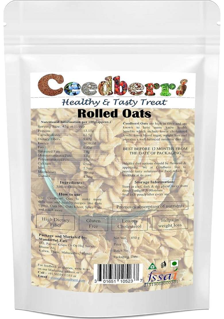 Ceedberri Gluten Free Rolled Oats, High In Fiber And Protein, 450G - Indya