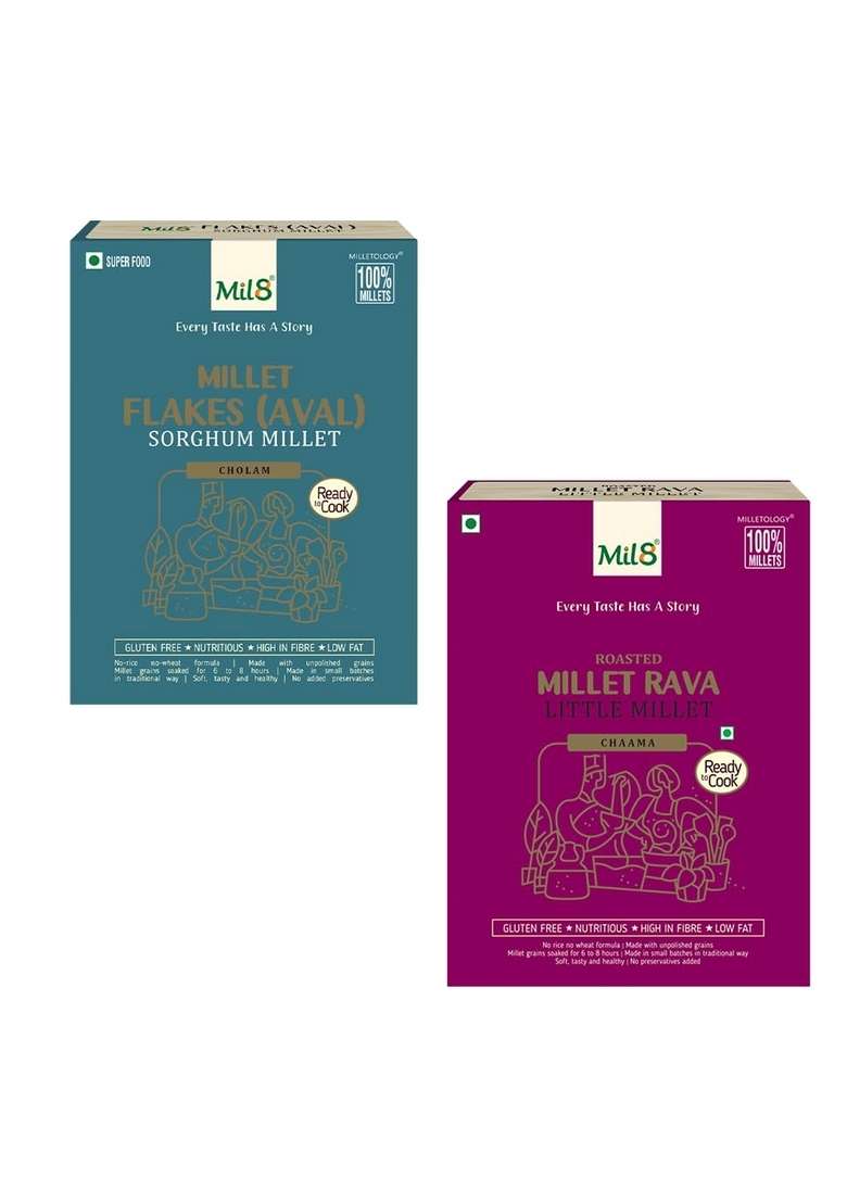 Mil8 Flakes (Aval) Sorghum & Rava Little Millet Combo (200Gram-300Gram) Nutritious, Delicious And Healthy Breakfast Solution - Indya