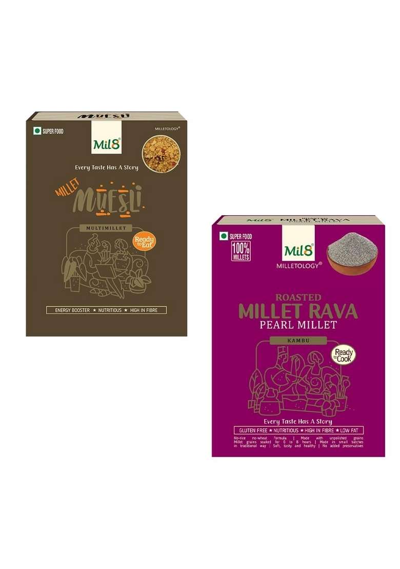 Mil8 Muesli & Rava Pearl Millet Combo (100Gram-300Gram) Nutritious, Delicious And Healthy Breakfast Solution - Indya
