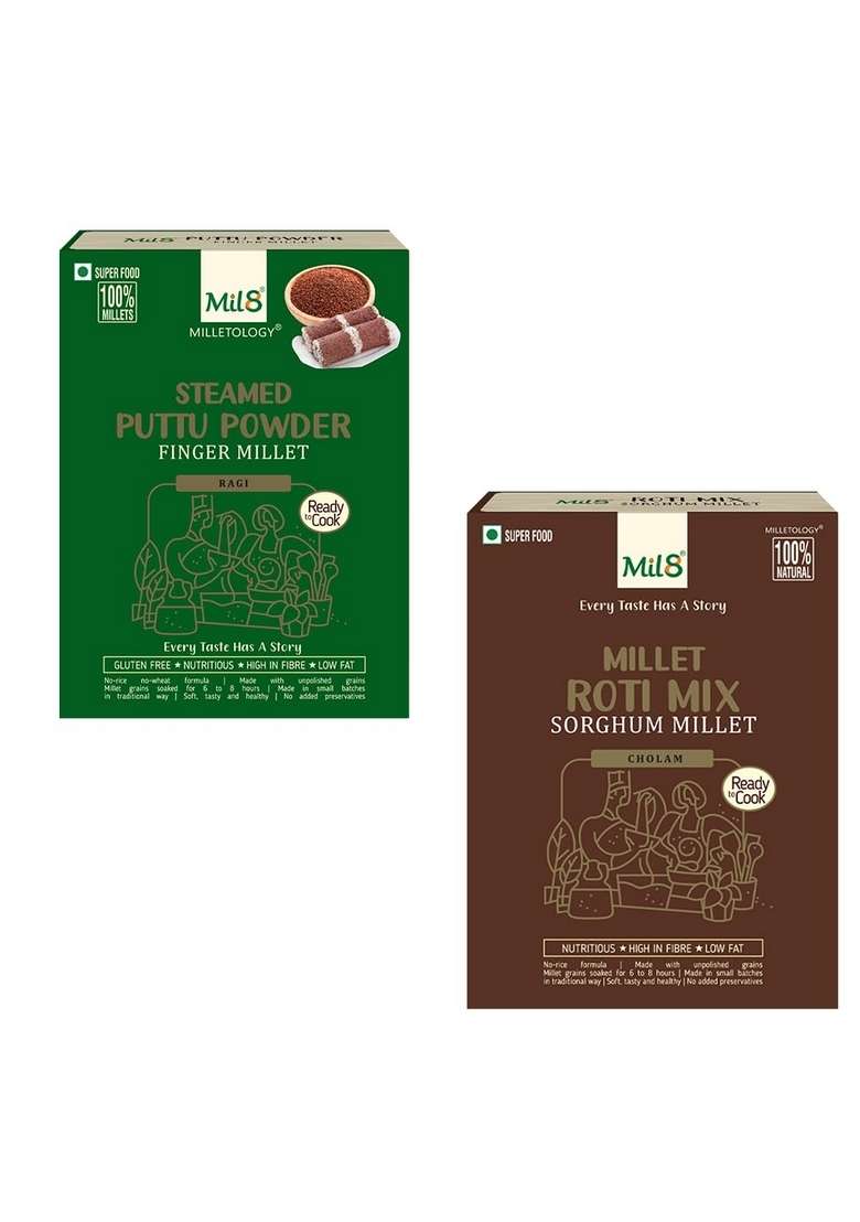 Mil8 Puttu Powder Finger & Rotimix Sorghum Millet Combo (300Gram-300Gram) Nutritious, Delicious And Healthy Breakfast Solution - Indya