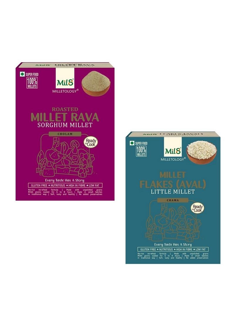 Mil8 Rava Sorghum & Flakes (Aval) Little Millet Combo (300Gram-200Gram) Nutritious, Delicious And Healthy Breakfast Solution