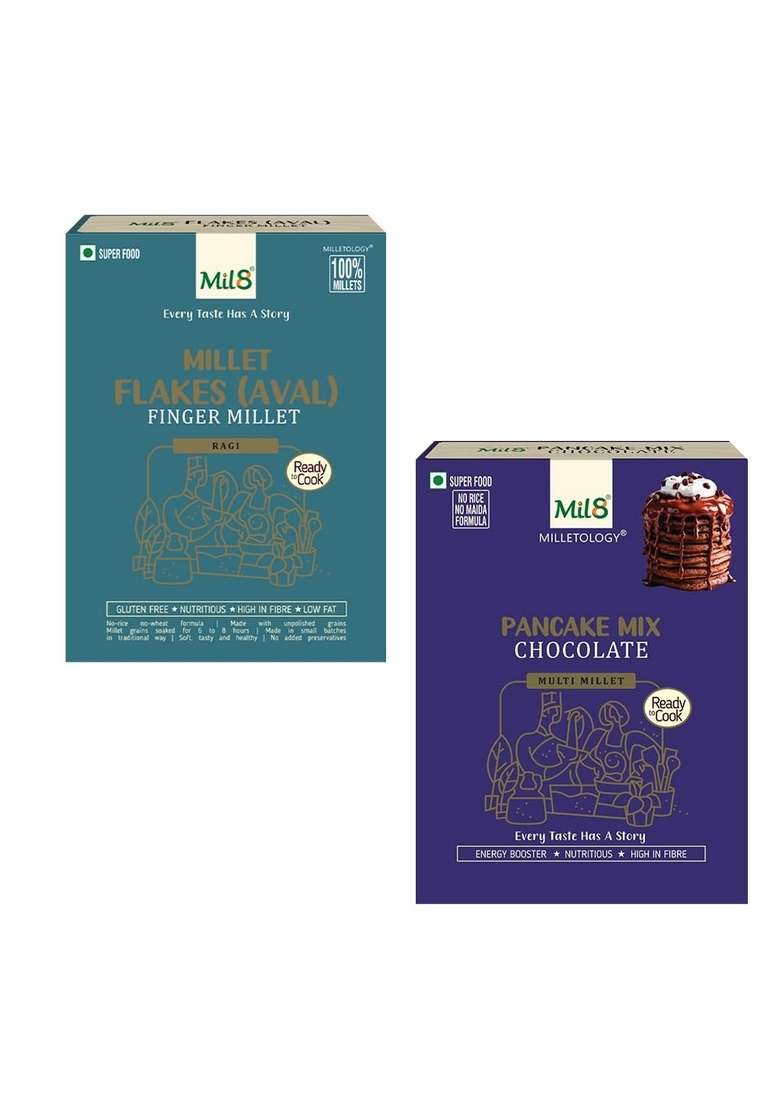 Mil8 Flakes (Aval) Finger & Pancake Mix Chocolate Combo (200Gram-200Gram) Nutritious, Delicious And Healthy Breakfast Solution - Indya