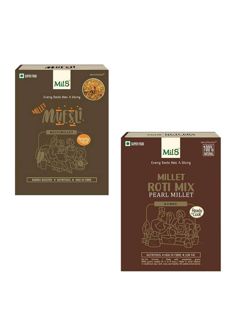 Mil8 Muesli & Rotimix Pearl Millet Combo (100Gram-300Gram) Nutritious, Delicious And Healthy Breakfast Solution - Indya