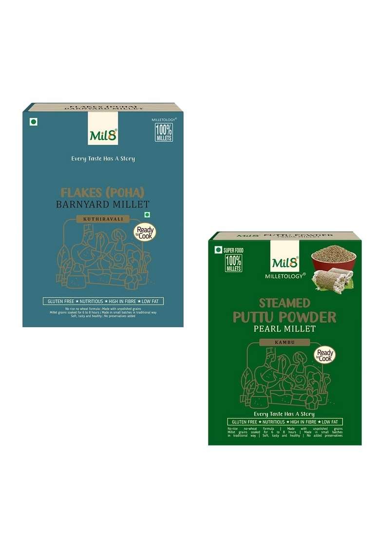Mil8 Flakes (Aval) Barnayard & Puttu Powder Pearl Millet Combo (200Gram-300Gram) Nutritious, Delicious And Healthy Breakfast Solution - Indya
