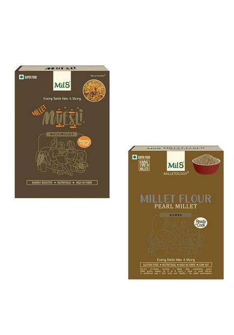 Mil8 Muesli & Flour Pearl Millet Combo (100Gram-300Gram) Nutritious, Delicious And Healthy Breakfast Solution