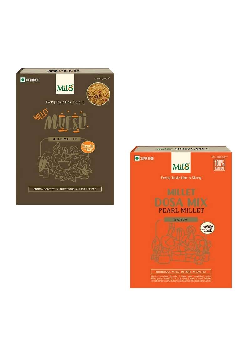 Mil8 Muesli & Dosamix Pearl Millet Combo (100Gram-300Gram) Nutritious, Delicious And Healthy Breakfast Solution - Indya
