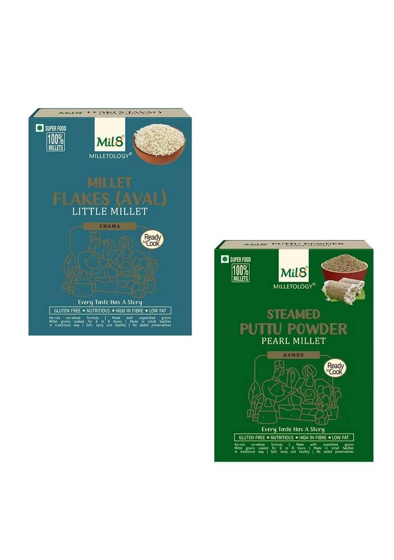 Mil8 Flakes (Aval) Little & Puttu Powder Pearl Millet Combo (200Gram-300Gram) Nutritious, Delicious And Healthy Breakfast Solution - Indya