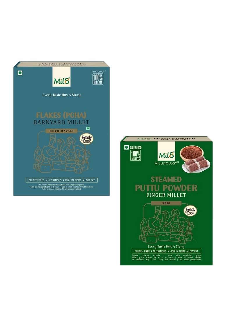 Mil8 Flakes (Aval) Barnayard & Puttu Powder Finger Millet Combo (200Gram-300Gram) Nutritious, Delicious And Healthy Breakfast Solution - Indya