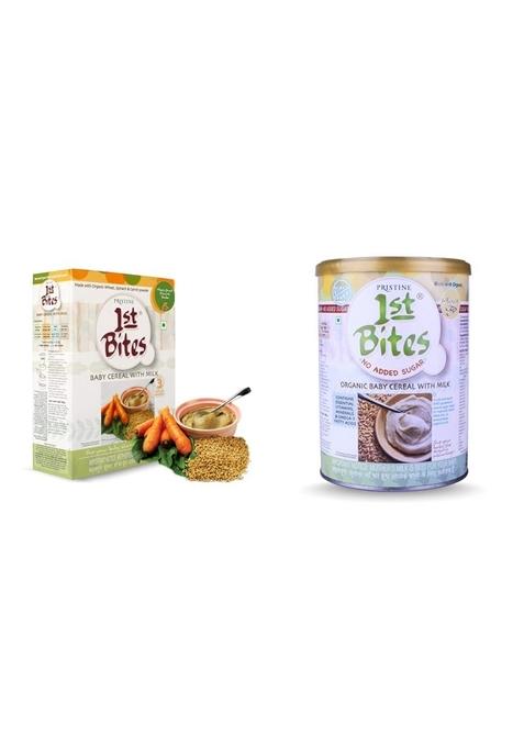 Pristine 1St Bites Stage 3 Organic Baby Cereal With Milk, Wheat Spinach And Carrot Powder, 10 Months To 24 Months, 300G & 1St Bites - Wheat - No Added Sugar (6 Months - 24 Months), 400G