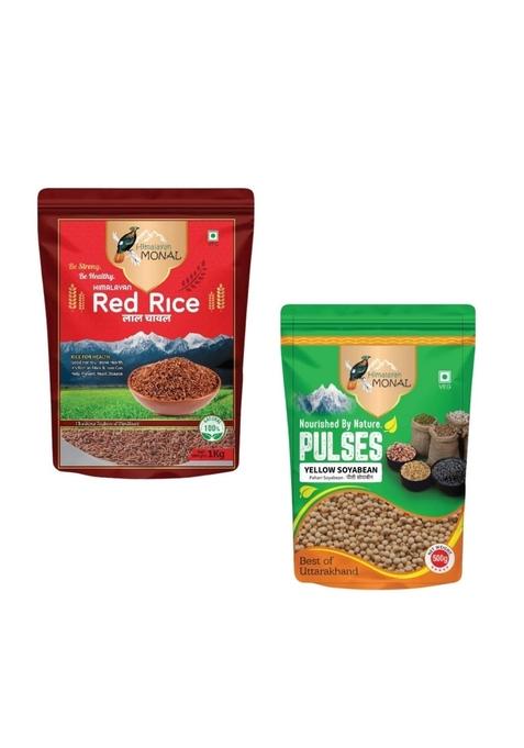 Himalayan Monal Red Rice, 1 Kg And Himalayan Monal Yellow Soyabean Pulses, 500G, Best Of Uttarakhand | Pack Of 3
