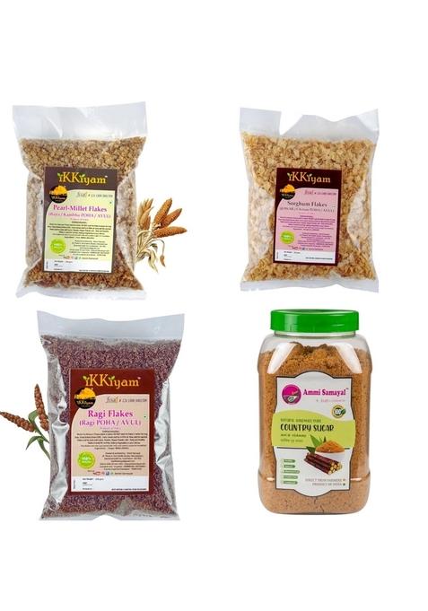 Ikkiyam Combo Of Bajra, Jowar & Ragi Flakes (3 X 250G) & Natural Country Sugar 1 Kg | Organic Finger Millet & Gluten-Free Breakfast Cereal | Healthy, Cholesterol-Free & Preservative-Free | Perfect For Adults & Children