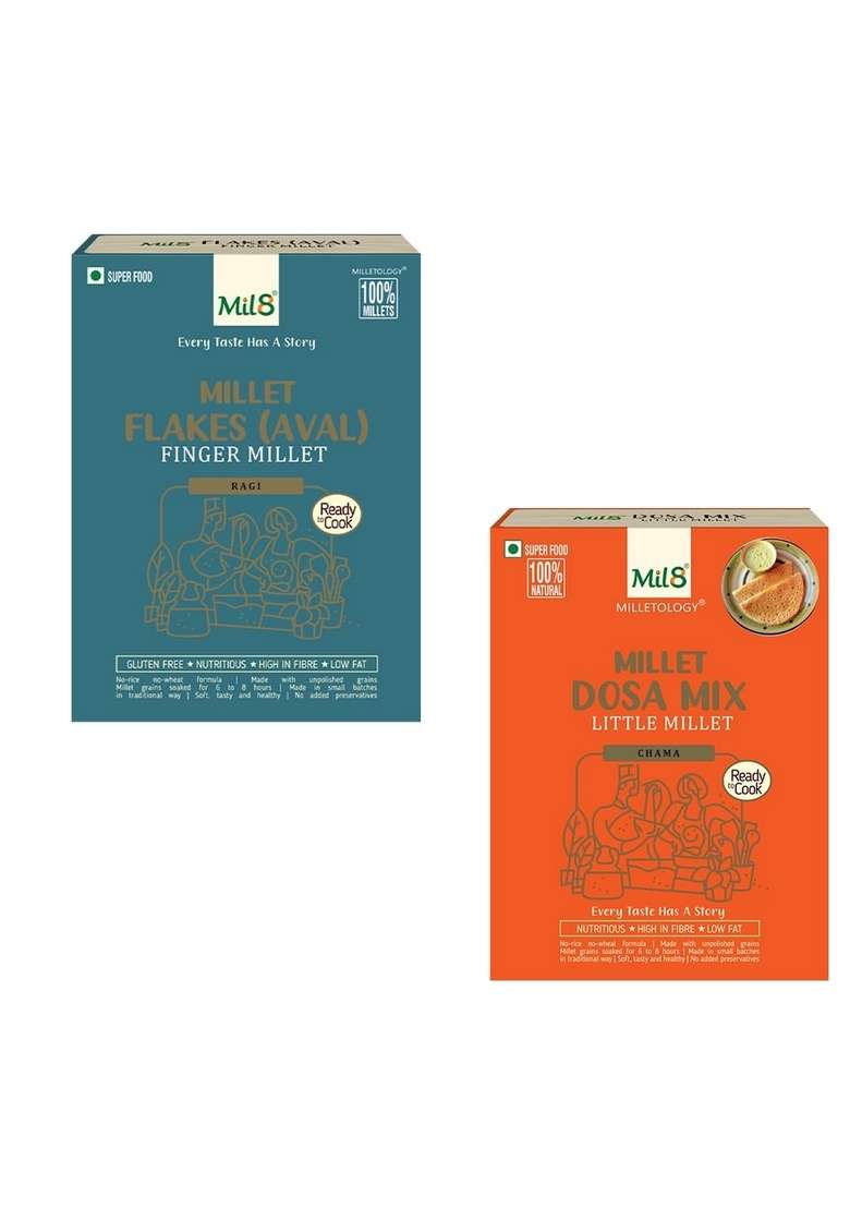 Mil8 Flakes (Aval) Finger & Dosamix Little Millet Combo (200Gram-300Gram) Nutritious, Delicious And Healthy Breakfast Solution - Indya
