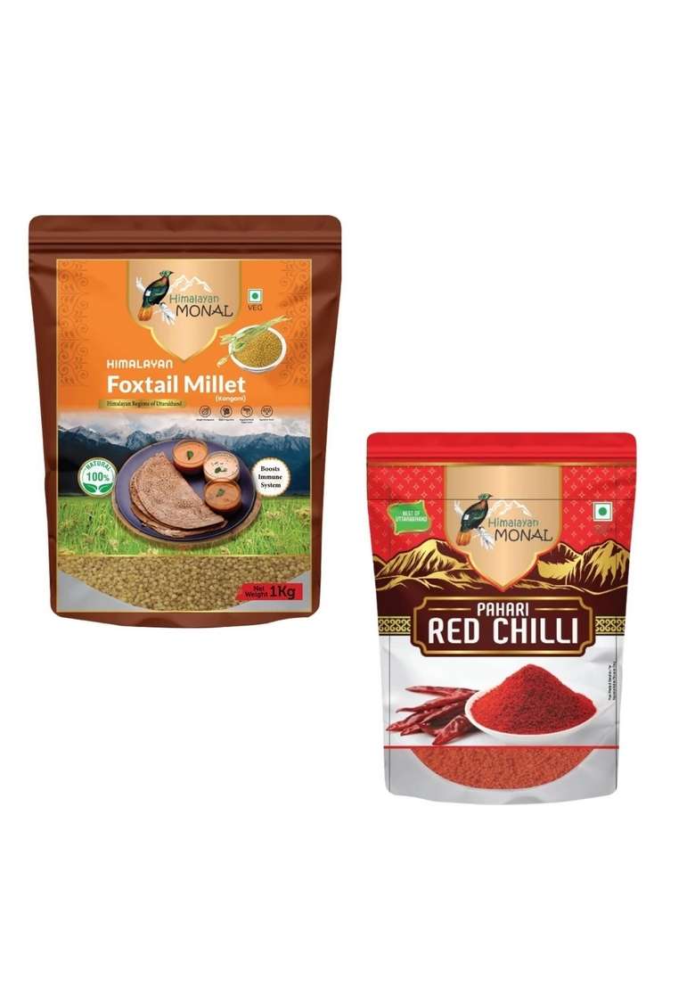 Himalayan Monal Foxtail Millet Kangani 1 Kg Boosts Immune System 100 Natural And Pahari Red Chilli Powder Gm | Pack Of 4 - Indya