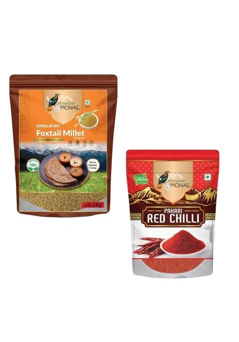 Himalayan Monal Foxtail Millet (Kangani), 1 Kg, Boosts Immune System, 100% Natural And Himalayan Monal Pahari Red Chilli Powder, 100 Gm | Pack Of 4