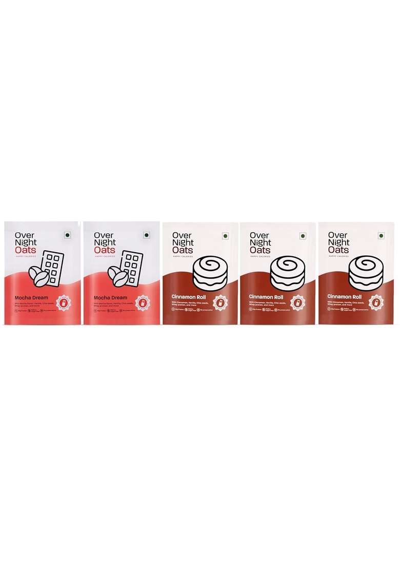 Overnight Oats 20Gms High Protein| Refined Sugar Free| No Preservative|With Whey Protein, Mocha And Cinnamon Flavours (Exotic Escapes,Pack Of 10) - Indya