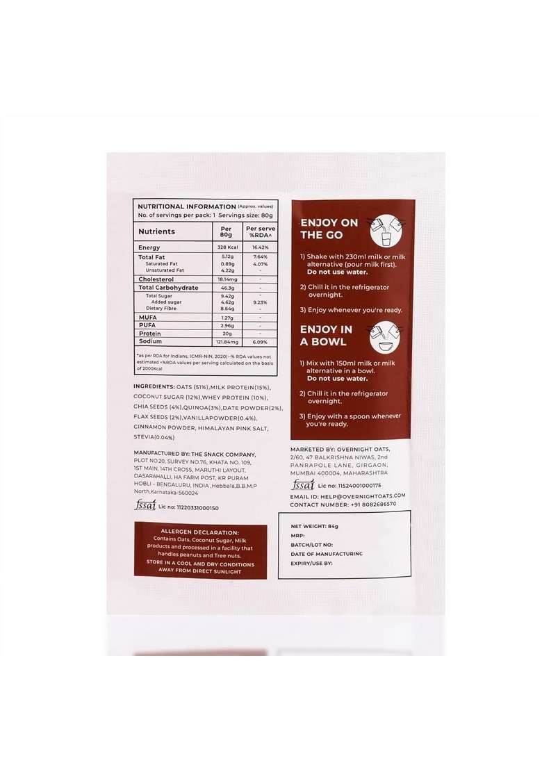 Overnight Oats 20Gms High Protein| Refined Sugar Free| No Preservative|With Whey Protein, Mocha And Cinnamon Flavours (Exotic Escapes,Pack Of 10) - Indya