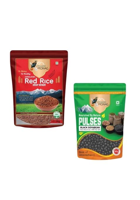 Himalayan Monal Red Rice, 1 Kg And Himalayan Monal Nourished By Nature Pulses, Black Soyabean, Pahari Bhat Ki Dal, 600G