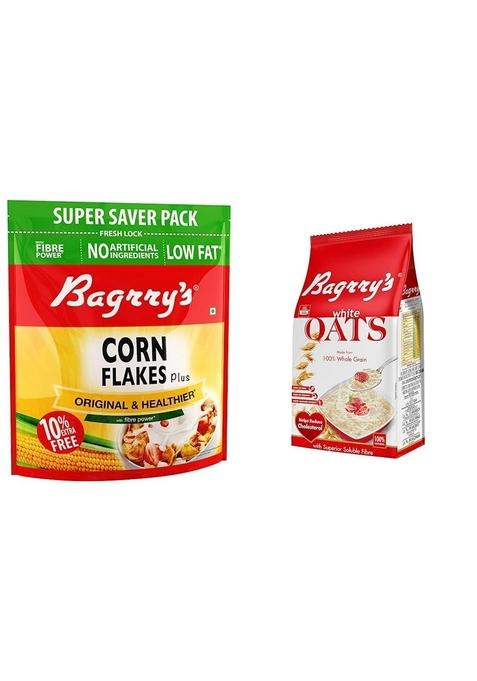 Bagrry’S Corn Flakes+ Original 800G Added Fibre Prebiotic Cereal Low Fat No Preservatives And Bagrry’S White Oats 1Kg Whole Grain Instant Oats High Fibre Protein Non-Gmo