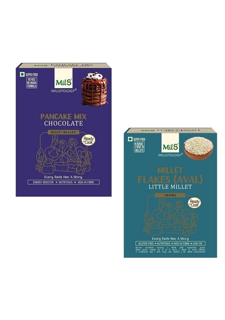 Mil8 Pancake Mix Chocolate & Flakes (Aval) Little Millet Combo (200Gram-200Gram) Nutritious, Delicious And Healthy Breakfast Solution
