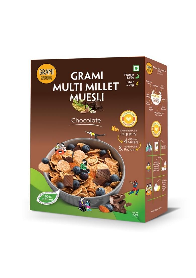 Grami Multi Millet Muesli Chocolate 500 Gm | High Protein 100% Natural Nutrition Muesli | Breakfast Cereal For Energy & Improving Strength | No Added Artificial Preservatives Colour