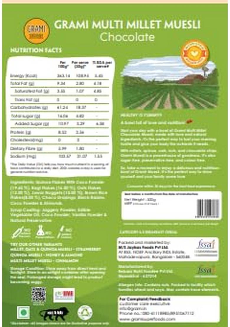 Grami Multi Millet Muesli Chocolate 500 Gm | High Protein 100% Natural Nutrition Muesli | Breakfast Cereal For Energy & Improving Strength | No Added Artificial Preservatives Colour