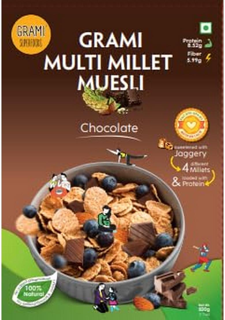 Grami Multi Millet Muesli Chocolate 500 Gm | High Protein 100% Natural Nutrition Muesli | Breakfast Cereal For Energy & Improving Strength | No Added Artificial Preservatives Colour