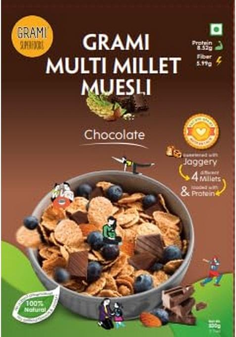 Grami Multi Millet Muesli Chocolate 500 Gm | High Protein 100% Natural Nutrition Muesli | Breakfast Cereal For Energy & Improving Strength | No Added Artificial Preservatives Colour