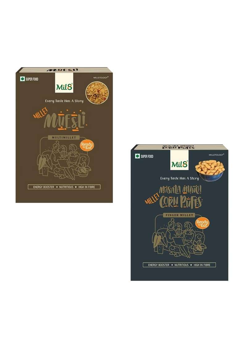 Mil8 Muesli & Corn Puffs Masala Combo (100Gram-30Gram) Nutritious, Delicious And Healthy Breakfast Solution - Indya