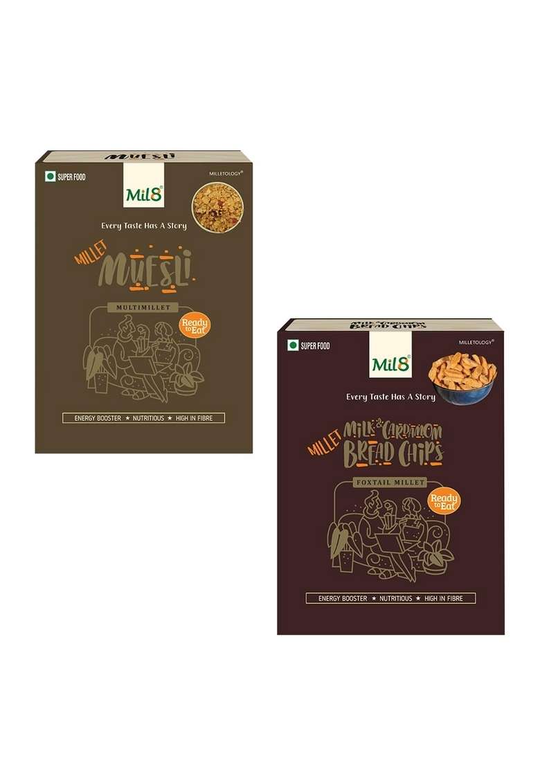 Mil8 Muesli & Bread Chips Milk And Cardamom Combo (100Gram-40Gram) Nutritious, Delicious And Healthy Breakfast Solution - Indya