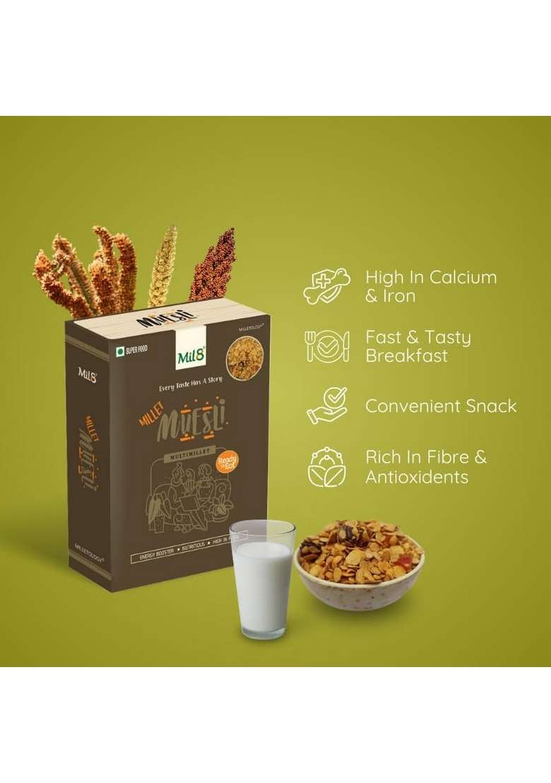 Mil8 Muesli & Bread Chips Milk And Cardamom Combo (100Gram-40Gram) Nutritious, Delicious And Healthy Breakfast Solution - Indya
