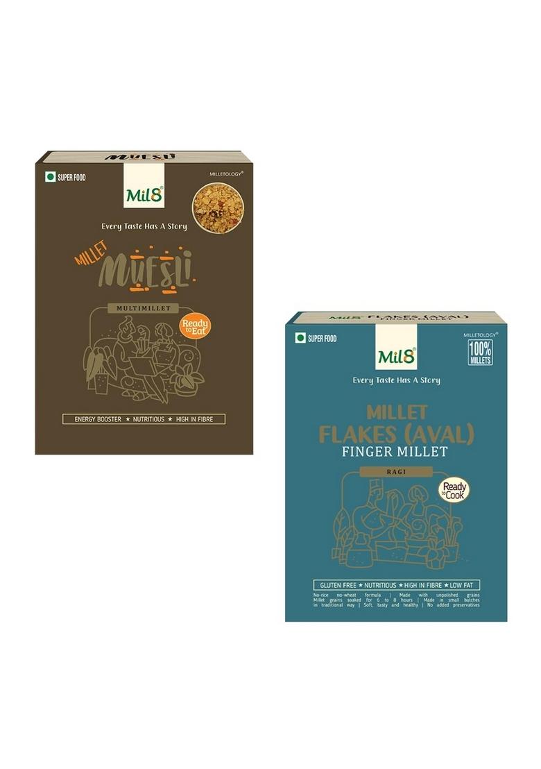 Mil8 Muesli & Flakes (Aval) Finger Millet Combo (100Gram-200Gram) Nutritious, Delicious And Healthy Breakfast Solution