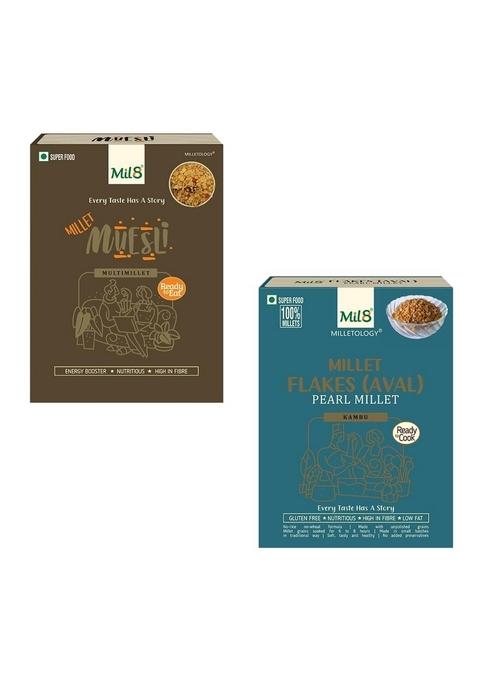 Mil8 Muesli & Flakes (Aval) Pearl Millet Combo (100Gram-200Gram) Nutritious, Delicious And Healthy Breakfast Solution