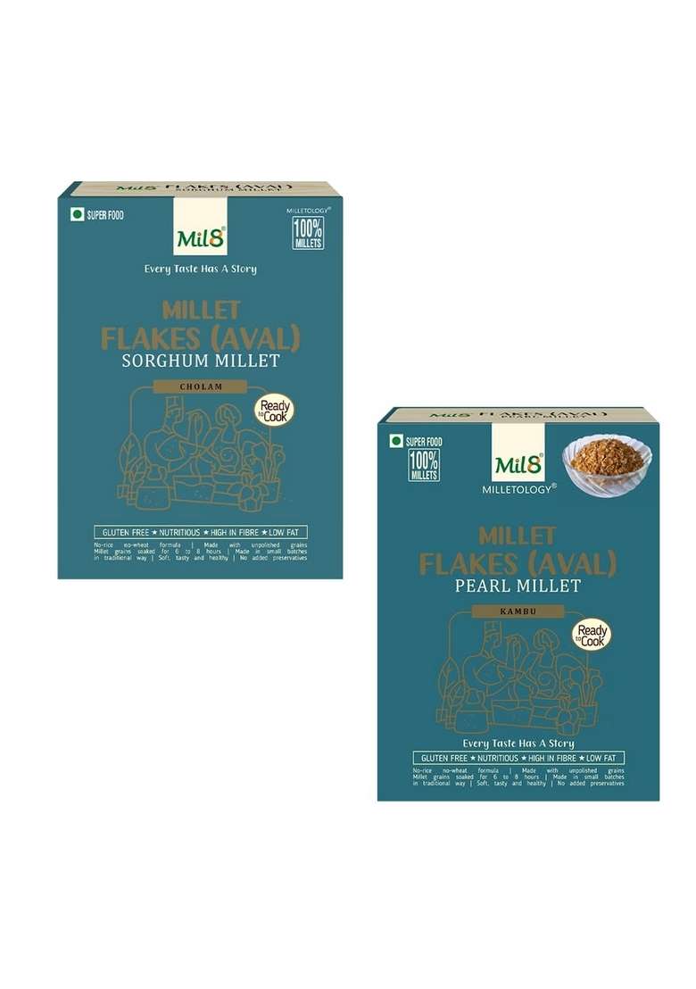 Mil8 Flakes (Aval) Sorghum & Flakes (Aval) Pearl Millet Combo (200Gram-200Gram) Nutritious, Delicious And Healthy Breakfast Solution - Indya