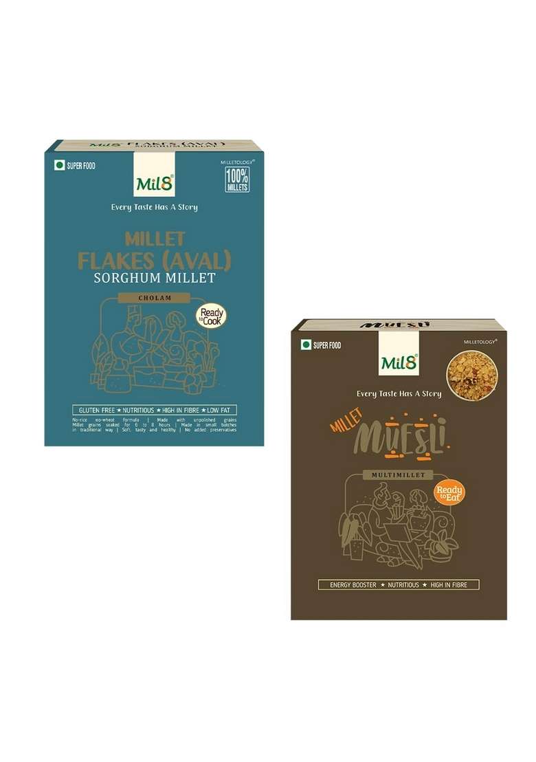 Mil8 Flakes (Aval) Sorghum & Muesli Combo (200Gram-100Gram) Nutritious, Delicious And Healthy Breakfast Solution - Indya
