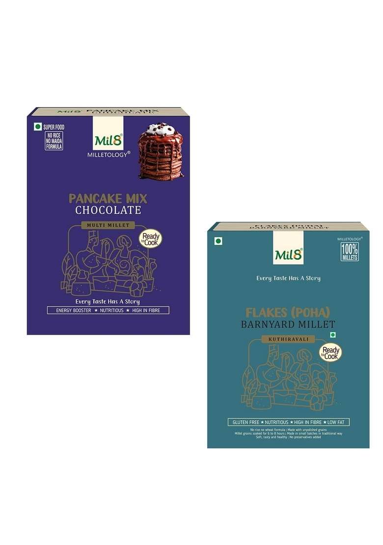 Mil8 Pancake Mix Chocolate & Flakes (Aval) Barnayard Millet Combo (200Gram-200Gram) Nutritious, Delicious And Healthy Breakfast Solution - Indya