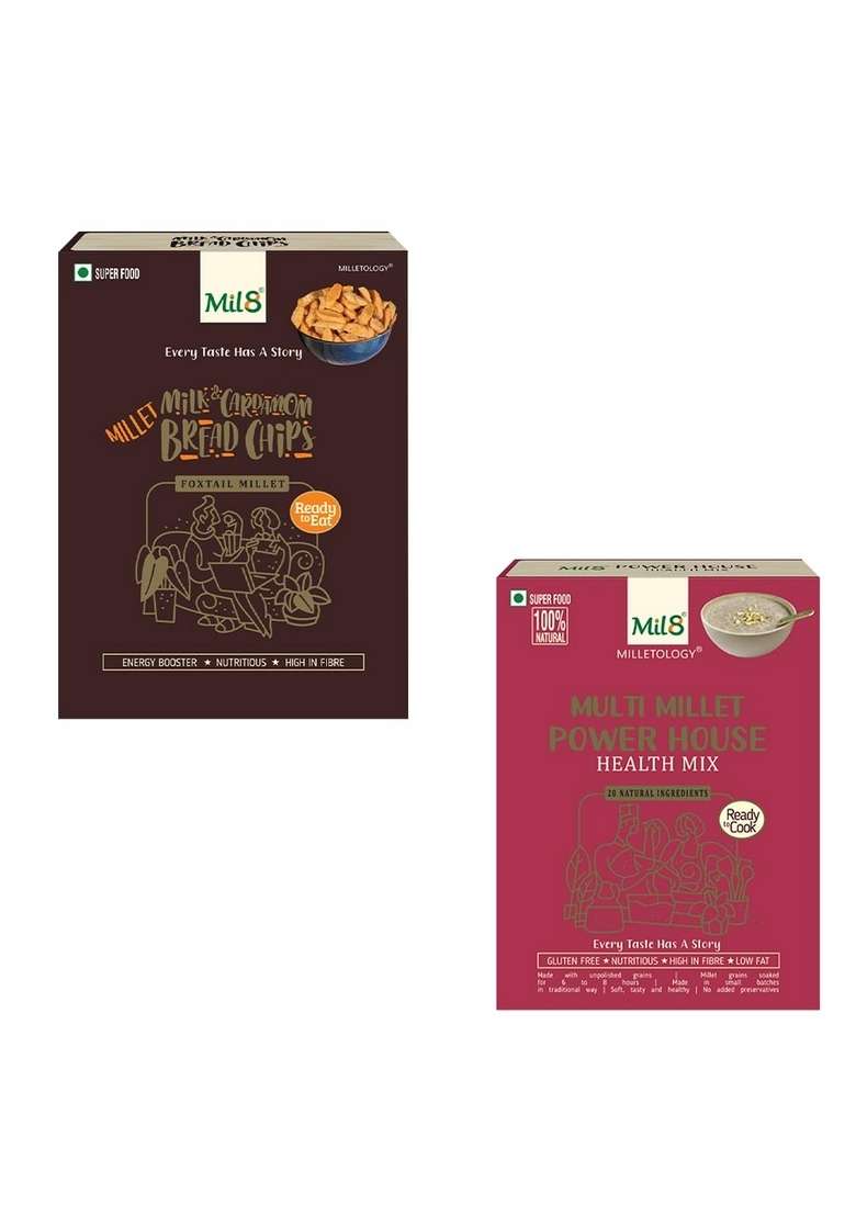 Mil8 Bread Chips Milk And Cardamom & Health Mix Powerhouse Combo (40Gram-300Gram) Nutritious, Delicious And Healthy Breakfast Solution - Indya