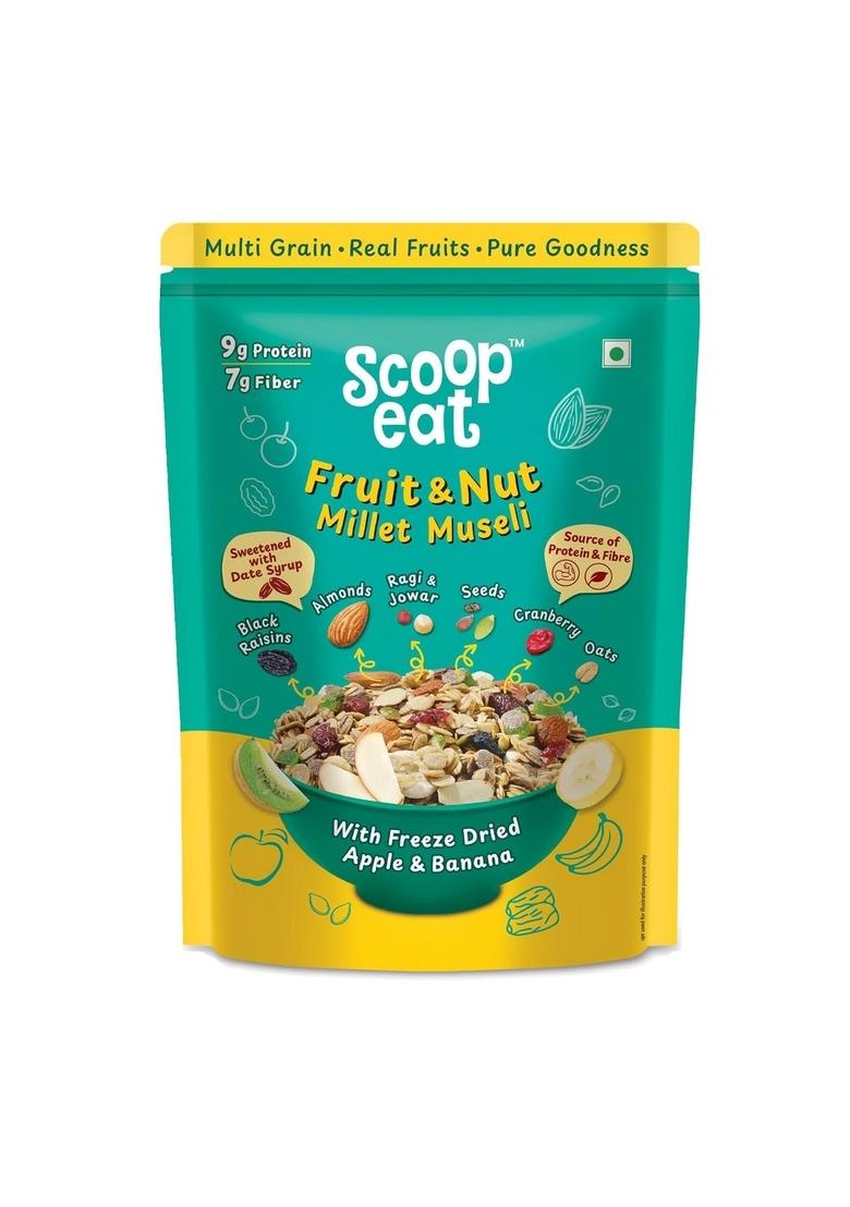 Scoopeat Fruit And Nut Muesli | Healthy Breakfast Cereal With Rolled Oats, Millets (Ragi & Jowar), Almonds, Seeds & Real Fruits (Kiwi, Banana, Apple, Cranberry, Raisins) | High Fiber, No Refined Sugar (250G)