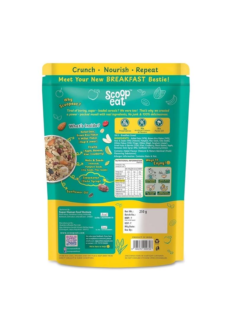 Scoopeat Fruit And Nut Muesli | Healthy Breakfast Cereal With Rolled Oats, Millets (Ragi & Jowar), Almonds, Seeds & Real Fruits (Kiwi, Banana, Apple, Cranberry, Raisins) | High Fiber, No Refined Sugar (250G)