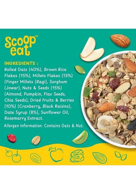 Scoopeat Fruit And Nut Muesli | Healthy Breakfast Cereal With Rolled Oats, Millets (Ragi & Jowar), Almonds, Seeds & Real Fruits (Kiwi, Banana, Apple, Cranberry, Raisins) | High Fiber, No Refined Sugar (250G)