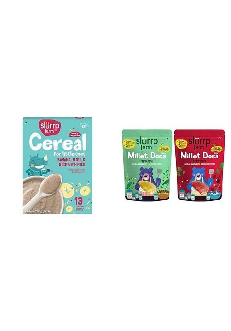 Slurrp Farm Organic No Sugar Baby Cereal | Ragi, Rice And Banana With Milk, 200G & Millet Dosa Instant Mix, Supergrains Spinach And Beetroot, Natural And Healthy Food, 150