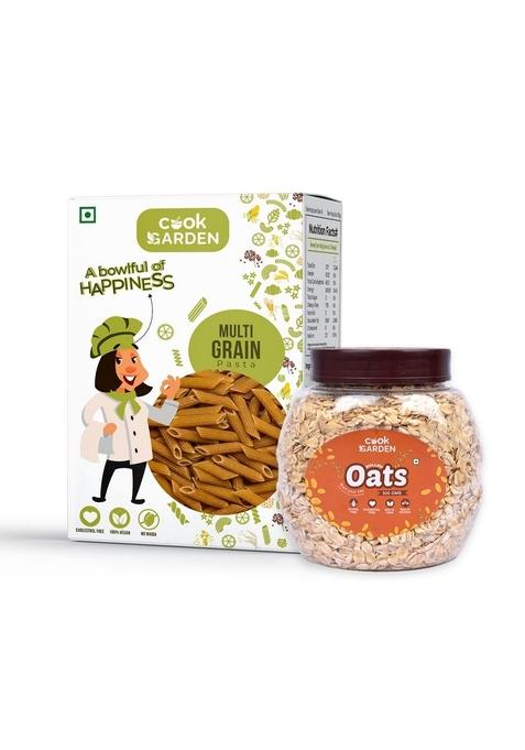 Cookgarden Rolled Oats 500G & Multigrain Pasta 300G | Wholegrain Breakfast | High Protein And Fibre Combo | Box