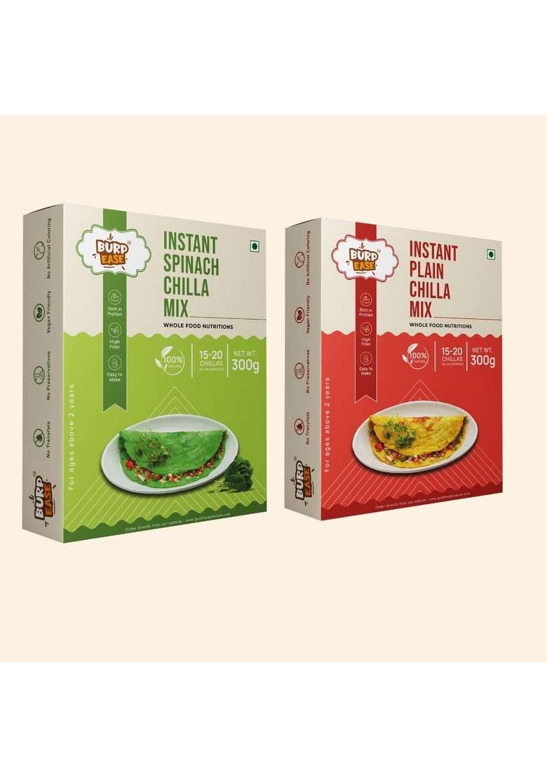 Burpease Combo Pack Of Plain Chilla And Spinach Chilla Mix ,Protein & Fiber-Rich Breakfast For Kids And Families-300 G (Pack Of 2, Plain & Spinach) - Indya