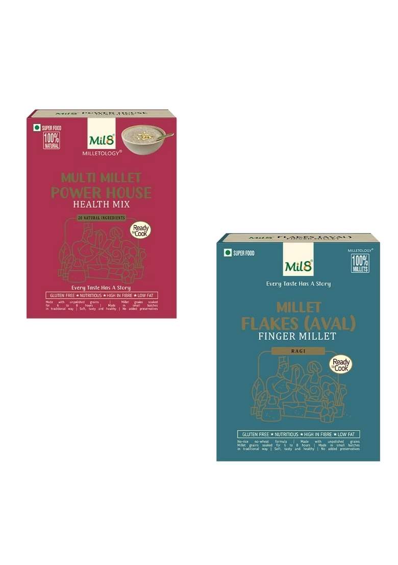 Mil8 Health Mix Powerhouse & Flakes (Aval) Finger Millet Combo (300Gram-200Gram) Nutritious, Delicious And Healthy Breakfast Solution - Indya