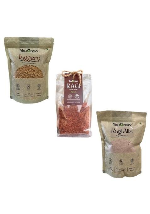 Yougrow - Healthy Breakfast Combo | Raw Ragi, Ragi Flour & Jaggery Powder | 100% Natural, Whole Grain, Gluten Free | Pure & Natural | Rich In Vitamins & Minerals