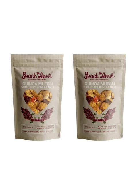 Snackamor Tasty, Healthy And Crunchy Breakfast Quinoa Muesli With Natural Ingredients, 300Gm| Honey, Fruits And Nuts, 100% Vegetarian Product (150Gmxpack Of 2)