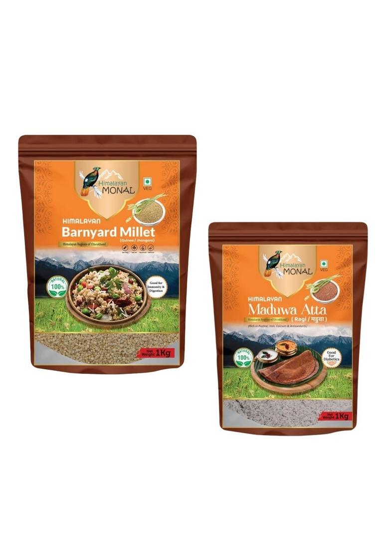 Himalayan Monal Barnyard Millet (Quinoa/Jhangora), 1 Kg, Veg And Himalayan Monal Madhwa Atta (Ragi), 1 Kg, Rich In Protein, Iron, Calcium & Antioxidants, Good For Diabetics, Veg | Pack Of 3