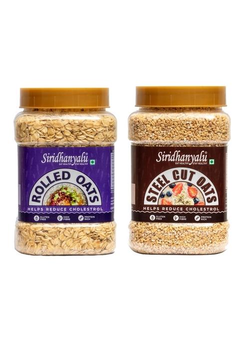 Siridhanyalu Combo Pack: 1Kg Rolled Oats + 1Kg Steel Cut Oats | High-Fiber, Gluten-Free, Preservative-Free, And Vegan | Nutritious Whole Grains For Healthy Meals & Breakfast (Pack Of 2)