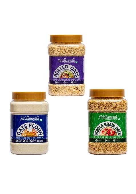 Siridhanyalu Combo 1Kg Oats Flour + 1Kg Rolled Oats + 1Kg Whole Grain Oats | High Fibre, Gluten Free, No Preservatives, Vegan (Pack Of 3)