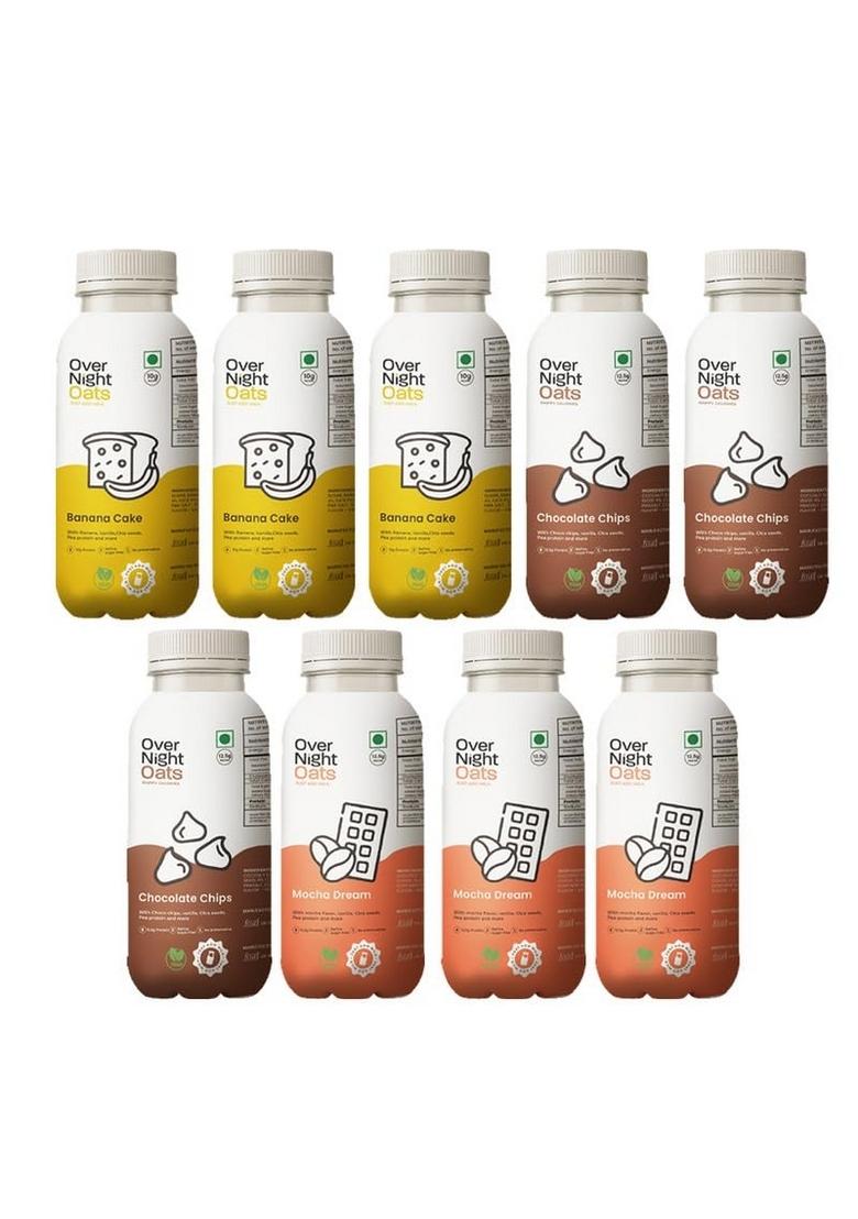 Overnight Oats With Vegan Protein | High Protein Oats Breakfast With Dietary Fibre | Just Add Milk | Ready In Minutes | 3 Banana Cake + 3 Chocolate Chips + 3 Mocha (Pack Of 9, 50G Each)